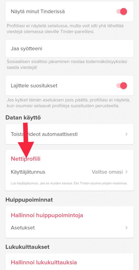 Tinder profiilin jakaminen onnistuu asetuksista.